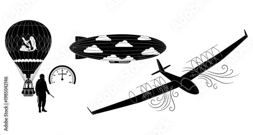 Steampunk hot air balloon airship and glider with pilot during vintage flight Isolated on white background