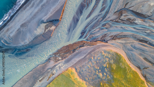Fényképezés Aerial view of braided river delta meeting the ocean