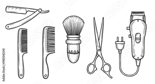 Barber Tools Set: Razor, Combs, Brush, Scissors, Clipper - Vintage Sketch Illustration