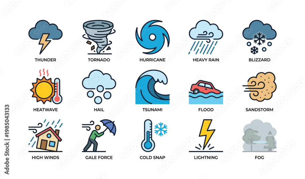 Fototapeta premium Colorful weather icons representing thunder tornado hurricane and more