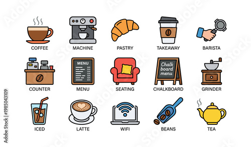 Illustrated icons of coffee shop essentials including pastry and espresso machine