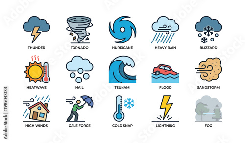 Colorful weather icons representing thunder tornado hurricane and more