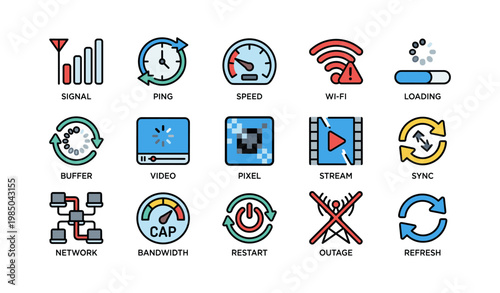 Colorful internet and technology icons featuring wi-fi, video, and network symbols