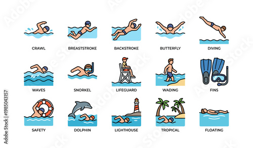 Illustrated swimming techniques and beach activities icons with lifeguard and dolphin