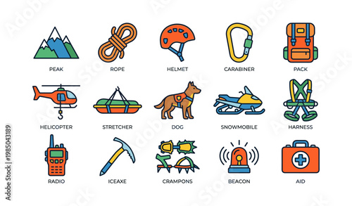 Outdoor adventure gear icons for mountaineering and rescue
