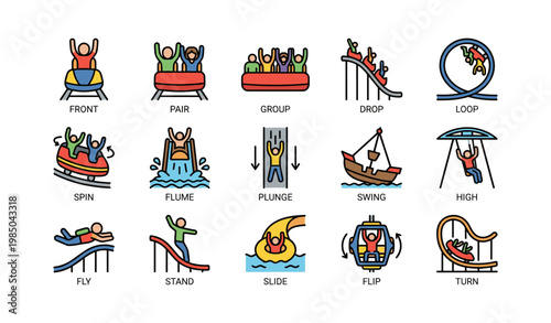 Amusement park rides featuring cartoon characters enjoying various attractions