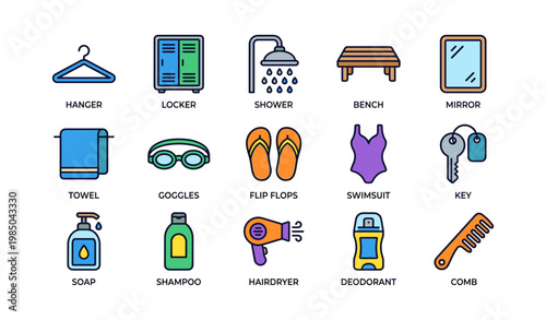 Colorful assorted gym essentials: hanger, locker, shower, bench, mirror and more