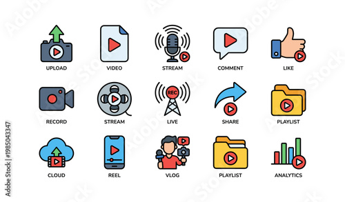 Colorful video and streaming icons including upload, stream, vlog, and playlist