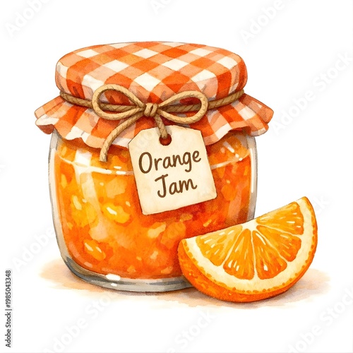 Watercolor glass jar with orange jam and fresh slice of orange 