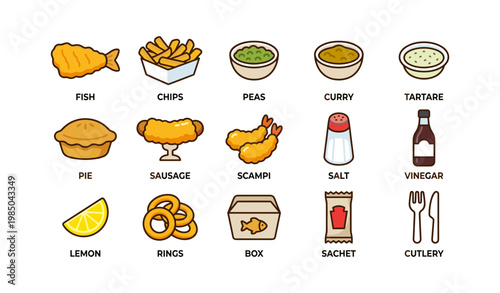 Food icons: fish and chips, peas, curry, tartare, pie, sausage, scampi, salt, vinegar