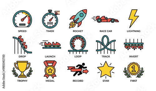 Icon set featuring speed, timer, rocket, race car, trophy, medal, and roller coaster