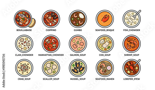 Assorted seafood soups and stews: bouillabaisse, cioppino, gumbo, bisque, chowder, and more