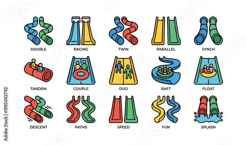 Colorful water slide icons collection featuring various designs and styles
