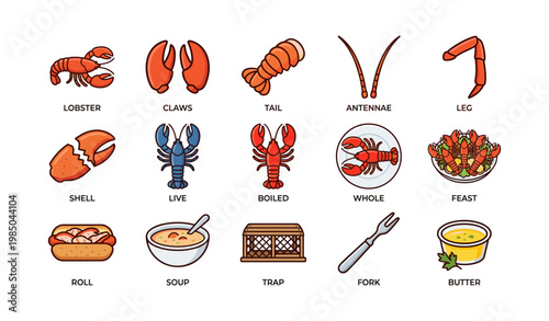 Colorful lobster varieties and dishes with claws, tail, and antennae