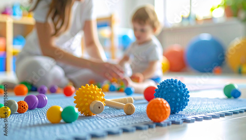 Educational toys for children in a developmental play area during daytime with a caregiver assisting