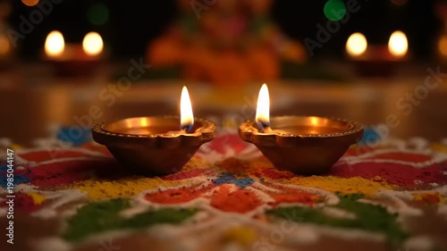 Two lit diyas on a colorful rangoli during Diwali festival celebration.