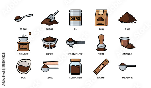 Coffee preparation tools and accessories icons including grinder and portafilter
