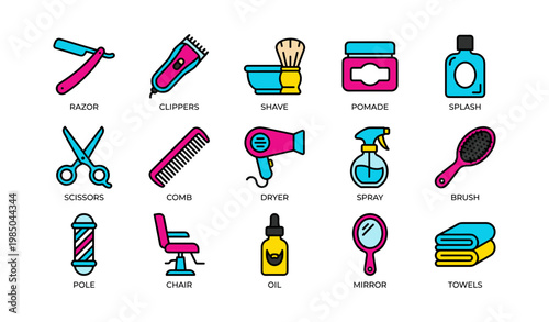 Colorful barbershop tools icons featuring razor, clippers, shave bowl, pomade, and splash bottles
