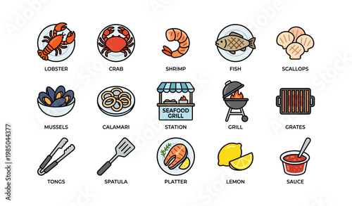 Seafood grill icons: lobster, shrimp, grill, lemons, sauce