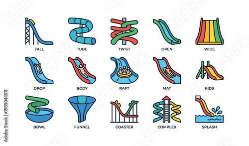 Colorful variety of water slide icons featuring different designs