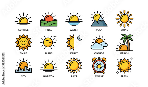 Bright icon set: sun, nature elements, city, beach themes