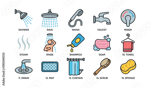 Bathroom icon set featuring shower, faucet, soap, and more