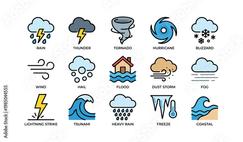 Weather icons: rain, thunder, tornado, hurricane, blizzard, flood, tsunami, more