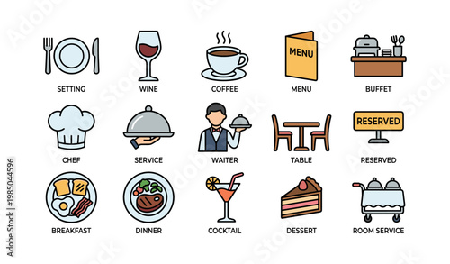 Restaurant symbols: wine, coffee, menu, buffet, waiter, table, dessert, service icons