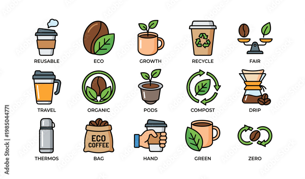 Naklejka premium Eco-friendly coffee icons: reusable cups, organic growth, compostable packaging, and sustainable practices