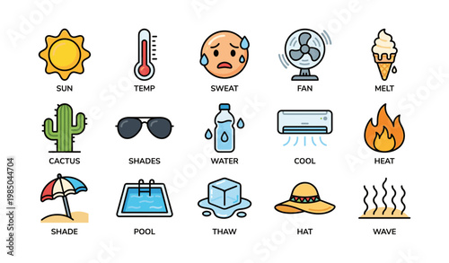 Summer icons: sun, temperature, sweat, fan, ice cream, cactus, shades, water, ac, fire
