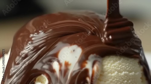 Vanilla ice cream with chocolate sauce.