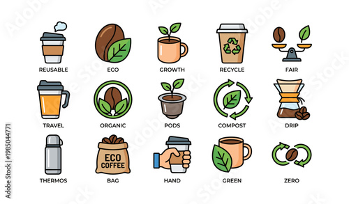 Eco-friendly coffee icons: reusable cups, organic growth, compostable packaging, and sustainable practices