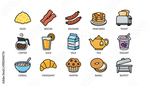 Breakfast food icons: eggs, bacon, sausage, pancakes, toast, and more