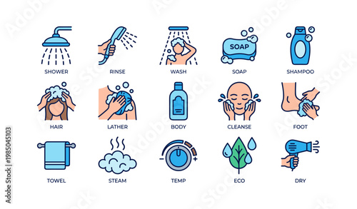 Hygiene icons: shower, soap, shampoo - personal care routine symbols