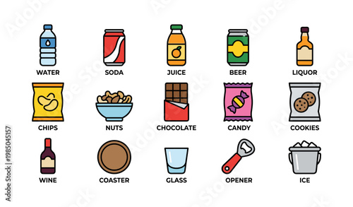 Assorted beverage and snack icons: water, soda, juice, beer, chips, candy, cookies, wine