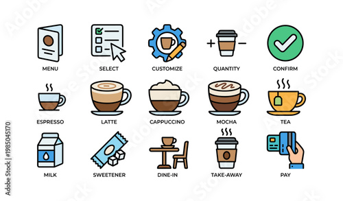 Coffee and tea icons featuring menu, customization, and payment options