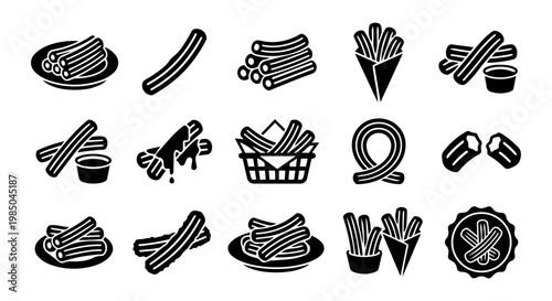 Quadro su tela Churros Silhouettes Set Spanish Dessert Street Food Icons Collection Black Vecto