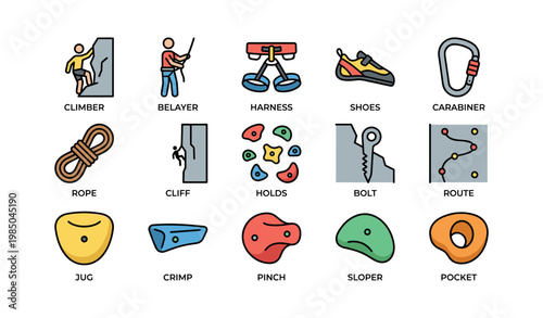 Rock climbing equipment and techniques icons for indoor and outdoor activities