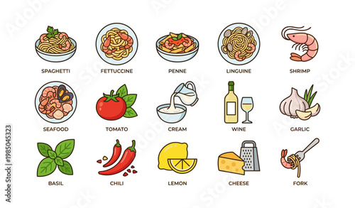 Italian cuisine ingredients: pasta, seafood, and flavorful herbs