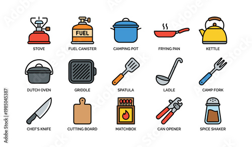 Camping kitchen essentials: stove, pot, pan, utensils, can opener, spice shaker
