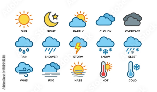 Weather icons set featuring sun, clouds, rain, storm, snow, and temperature symbols