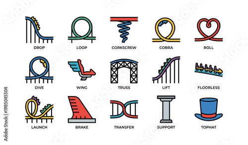 Amusement park roller coaster element icons including loop and corkscrew