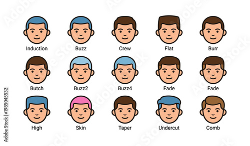 Illustrated hairstyles for men showcasing various cuts and colors