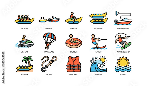 Summer water sports: parasailing, kayaking, jet skiing, and more cartoon icons