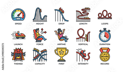 Amusement park ride metrics and features icons collection