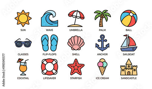 Colorful summer icons: sun, wave, umbrella, palm, ball, and more