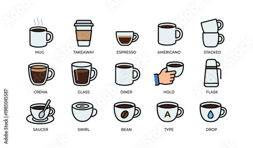 Diverse coffee cup styles and brewing methods illustrated