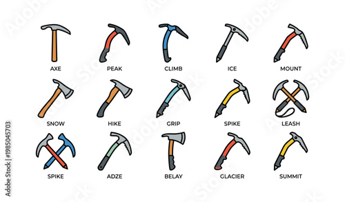 Set of ice axes for climbing and mountaineering with various features