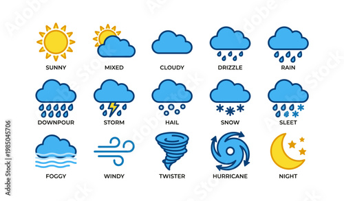 Weather icons collection: sun, cloud, rain, wind, storm, snow, night symbols