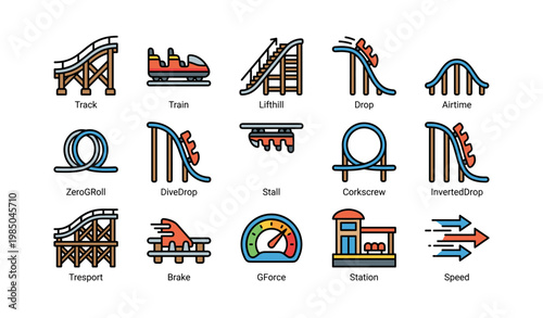 Colorful icon set of roller coaster elements with detailed features